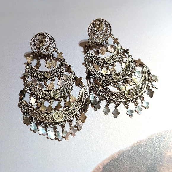 Antique Crosses and Cannetille Work  Long Earrings - Picture 3 of 6